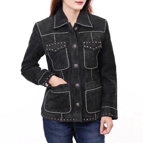 ADJKTLTR018 American Darling Genuine Leather Studded Western Button Down Jacket