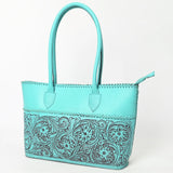 ADBGZ756 Tall Hand Tooled Leather Tote Bag - Western Floral Half-Tooled Cowgirl Purse