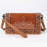 ADBG1653 Tan Suede & Tooled Leather Crossbody Bag with White Embroidery and Floral Border