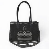 ADBG1629 Black Suede Western Tote Bag with White Stitch Embroidery & Shoulder Strap