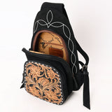 ADBG1573A Black Suede Sling Bag - Tooled Leather Floral Pocket