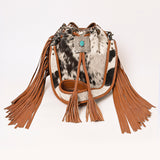 ADBG1272 Hair-On Hide Leather Fringe Bucket Bag with Turquoise Concho Accent