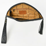 LC-ADBG1233E Black Hand-Tooled Leather Clutch - Semi-Circle Design with Wrist Strap