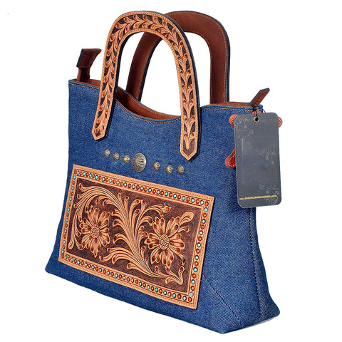 ADBGA988 American Darling Denim, Harness & Floral Tooled Leather Tote Handbag