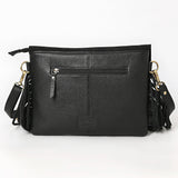 ADBGA906 Black Suede Crossbody Bag – Tooled Leather Inlay with Fringe & Concho Studs