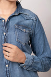 LC-ADSH025 Genuine Leather Hand Tooled Women 100% Cotton Denim Shirt Jacket Dress