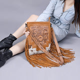 ADBG256 Tooled Leather & Cowhide Fringe Messenger Bag Western Boho Crossbody by American Darling