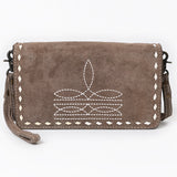 ADBG1717 Suede Leather Wallet Bag with White Western Stitch Embroidery