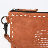 ADBG1652 Tan Suede Wristlet Pouch with White Embroidery & Zip Closure
