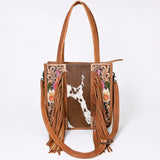 ADBG1086 Western Cowhide Fringe Tote Bag with Tooled Leather Straps-Handcrafted by American Darling