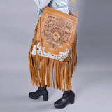ADBG256 Tooled Leather & Cowhide Fringe Messenger Bag Western Boho Crossbody by American Darling