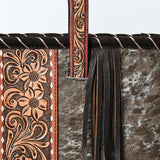 ADBG1298 Cowhide Leather Tote Bag - Tooled Floral Center, Fringe Sides & Structured Handles