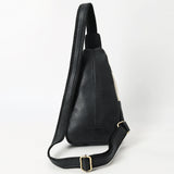 ADBGA657 Western Cowhide & Hand-Tooled Leather Sling Backpack-Black Quilted with Floral Accents