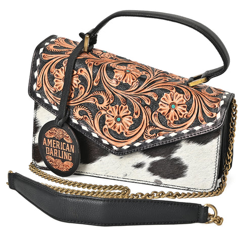 ADBGA957 American Darling Hand Tooled Floral Leather Messenger Bag with Hair-On Cowhide