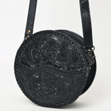 ADBG1461A Round Black Hand-Tooled Leather Crossbody Bag - Western Floral Pattern