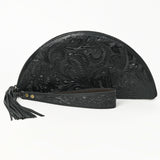 LC-ADBG1233E Black Hand-Tooled Leather Clutch - Semi-Circle Design with Wrist Strap