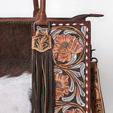 ADBG1718 Tooled Leather & Cowhide Western Tote Bag with Fringe and Floral Embroidery