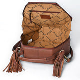 ADBGA702 Western Hexagon Hand-Tooled Leather Crossbody Bag with Floral Carving & Tassels