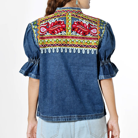 ADJKT091 American Darling Embroidered Denim Fabric Short Sleeve Zip Up Apparel Jacket