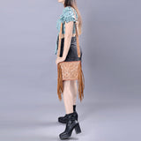 ADBG325 Light Tan Hand-Tooled Leather Crossbody Bag with Daisy Floral Design and Fringe