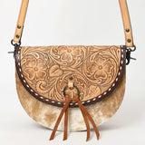 ADBG1529 Round Tooled Leather Saddle Bag - Floral Cowhide Crossbody with Ring-Tie Closure