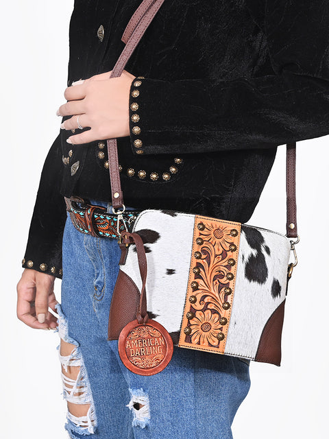 ADBG596 American Darling Hand Tooled Floral Carved & Hair-On Cowhide Western Cross body Bag