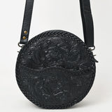 ADBG1461A Round Black Hand-Tooled Leather Crossbody Bag - Western Floral Pattern