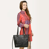 ADBGZ783A Hand-Tooled Black Leather Tote Bag - Western Floral Design with Detachable Strap