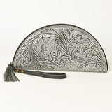 LC-ADBG1233H Hand-Tooled Leather Clutch - Semi-Circle Wristlet with Tassel
