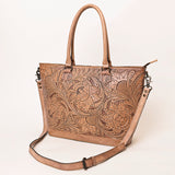 ADBG1246 Hand-Tooled Metallic Silver Leather Tote Bag - Western Floral Design with Dual Handles