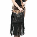 ADBG1580 Black Leather Fringe Crossbody Bag - Hand-Tooled Tan Strap & Yoke | Western Crossbody