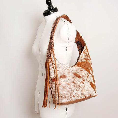 ADBGI112 Sage Western Hobo Bag - Genuine Leather with Tan Hair-On Hide & Tooled Strap