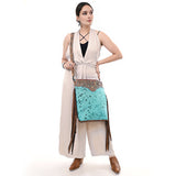 ADBG1493 Turquoise Hair-On Cowhide Western Crossbody Bag with Tooled Leather & Fringe - American Darling