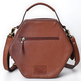 ADBGA702 Western Hexagon Hand-Tooled Leather Crossbody Bag with Floral Carving & Tassels