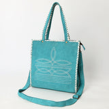 ADBG1590 Suede Western Tote Bag - White Embroidered Whipstitch Purse with Crossbody Strap