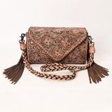 ADBG1581 Hand-Tooled Leather Envelope Clutch - Western Crossbody with Braided Strap & Fringe
