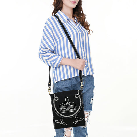 American Darling Boot Stitched Suede Genuine Leather Cross body Bag