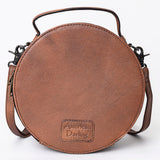 LC-ADBG1192 Round Western Leather Crossbody Bag - Painted Desert Sunrise & Cactus Tooled Scene