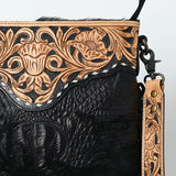 ADBG1580 Black Leather Fringe Crossbody Bag - Hand-Tooled Tan Strap & Yoke | Western Crossbody