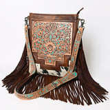 ADBG256 Tooled Leather & Cowhide Fringe Messenger Bag Western Boho Crossbody by American Darling