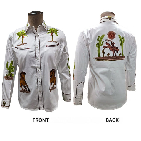 ADSH051 American Darling White Western Apparel - Embroidered Cotton Satin Horse Motif Shirt