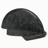 LC-ADBG1233E Black Hand-Tooled Leather Clutch - Semi-Circle Design with Wrist Strap