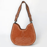 ADBG1720 Suede Hobo Bag with Hand Tooled Leather Strap & White Stitch Detailing