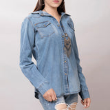 LC-ADSH024 Genuine Leather Hand Tooled Women 100% Cotton Denim Shirt Jacket Dress