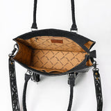 ADBG1753 Black Tooled Leather Tote Bag with Silver Floral Design & Fringe Accents