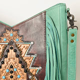 ADBG1199 Mint Fringe Leather Crossbody Bag - Tooled Aztec Design with Gemstone Accents