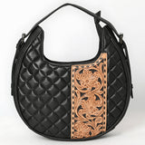 ADBG1705 Quilted Black Leather Hobo Bag with Hand-Tooled Floral Leather Accent & Adjustable Strap