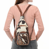 ADBGA609 Hair-On Hide Leather Sling Bag-Tooled Front Pocket & Cowhide Accent