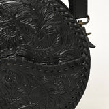 ADBG1461A Round Black Hand-Tooled Leather Crossbody Bag - Western Floral Pattern