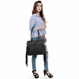 ADBG1501 Black Tooled Leather Tote Bag - Western Fringe & Floral Yoke Design